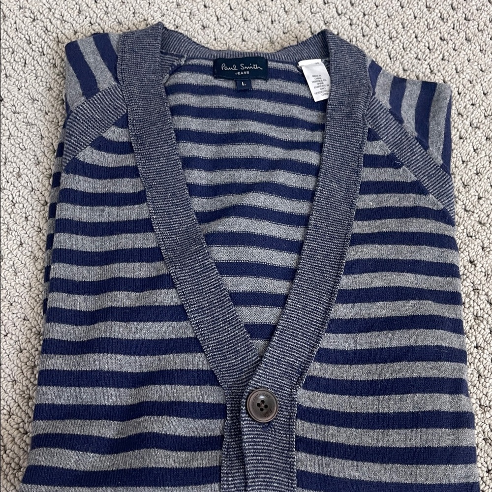Paul Smith Navy and Gray Striped Cardigan